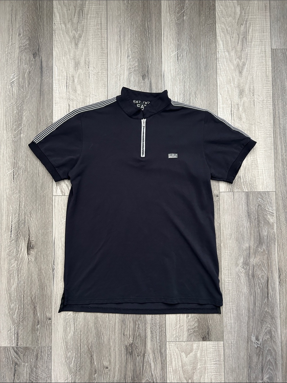 Emporio Armani Black Short-Sleeve Polo with Contrast Zip and Shoulder Stripes